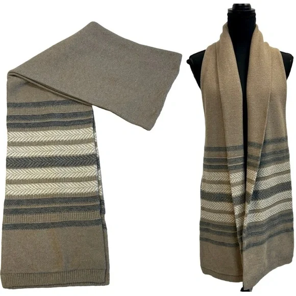 BANANA Republic tan brown gray cream striped warm fall winter knit scarf - Picture 1 of 6